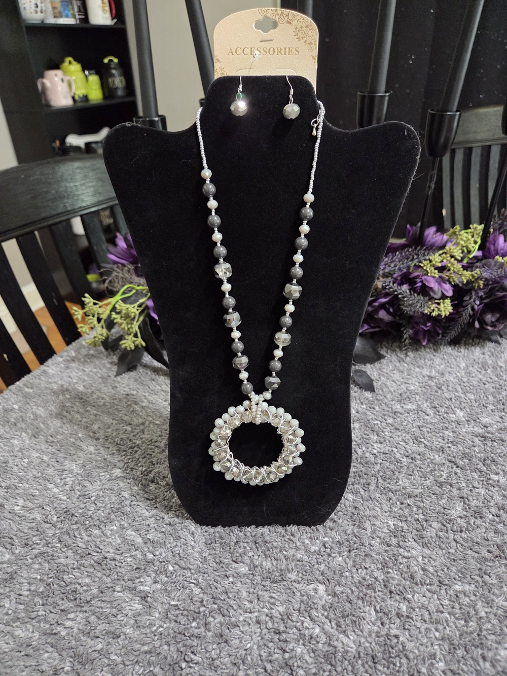 Accessorize Silver Gray Beaded Pendant Necklace and Earring Set
